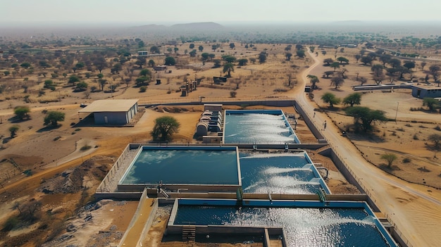 An aerial view of a water treatment plant in a dry desert landscape showcasing the importance of water conservation and infrastructure